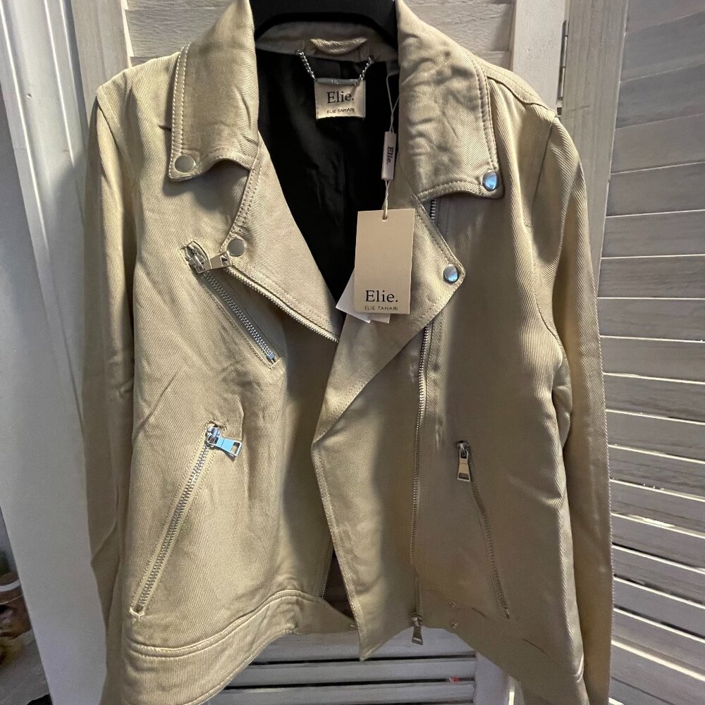 NWT Elie Tahari Twill Moto Jacket Gold (Taupe) Small Petite